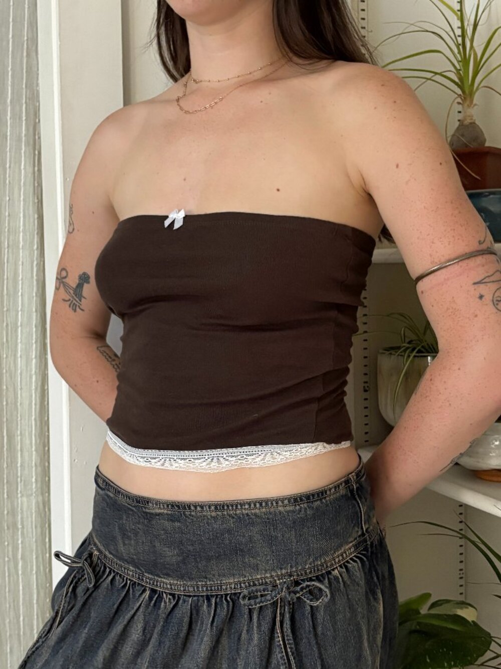 Brown Lace-Trim Bow Tube Top